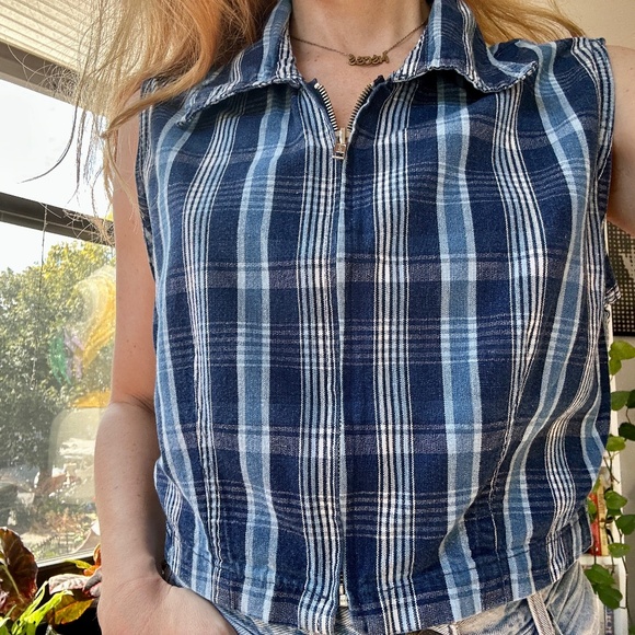 No Excuses Plaid Denim Zip Up Sleeveless Top - Picture 1 of 8